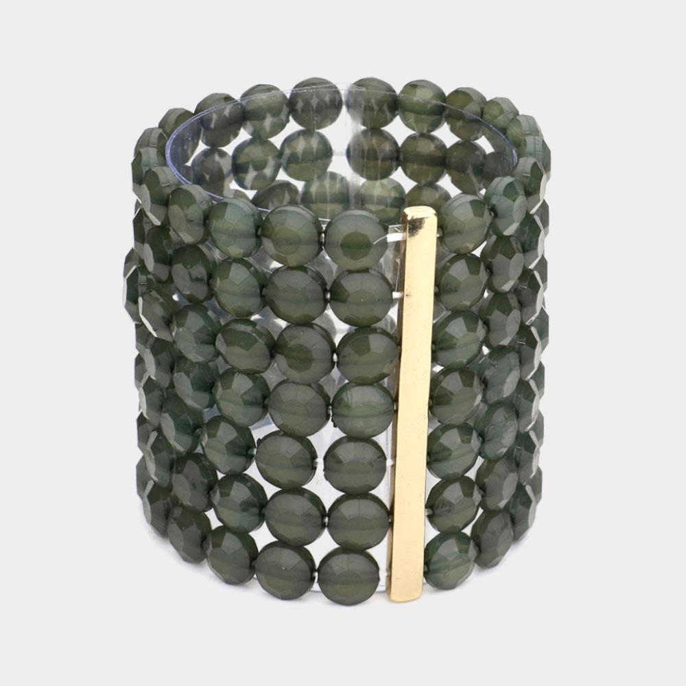 Gray 7 Row Beaded Stretch Bracelet Wide Accessory Round Faceted Layered Grey